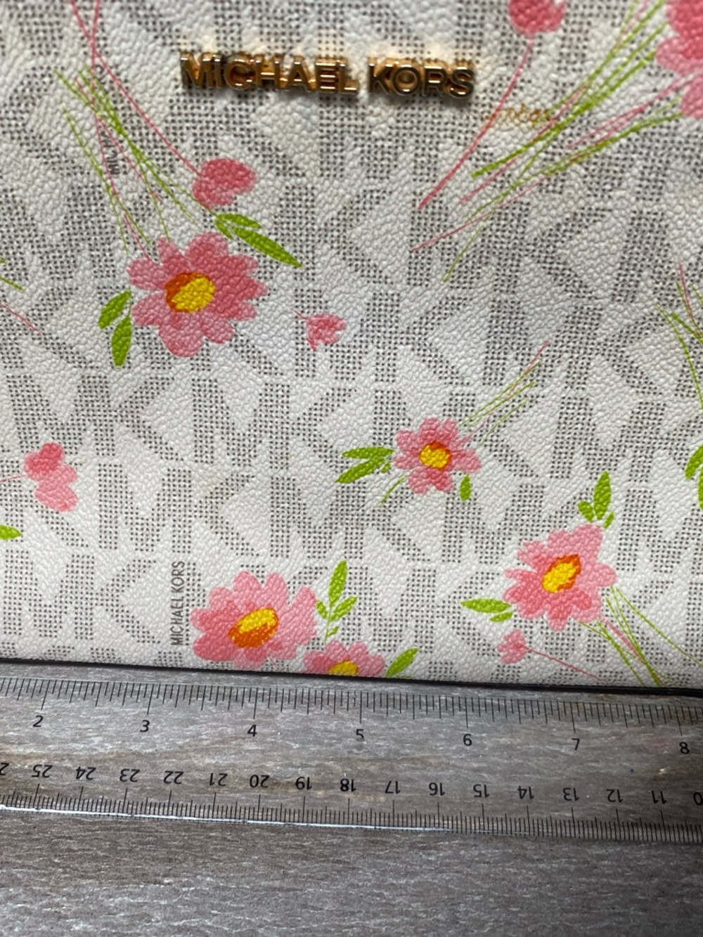Michael Kors White Floral MK Monogram Cross body bag with Pink & Yellow Blooms